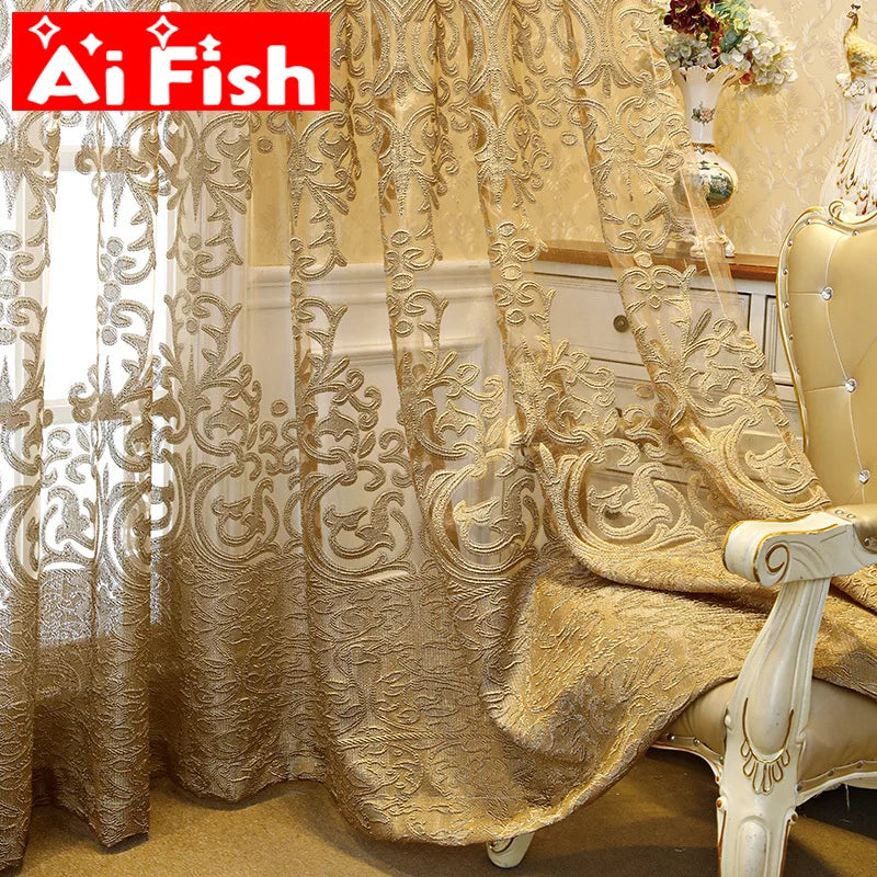 European Luxury Coffee with Golden Wire Jacquard Hollow Tulle Curtain for Living