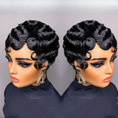 Black Finger Wave Human Hair Wig Short Pixie Cut Wigs Brazilian Human Hair Wigs Finger Ocean Wave Machine Made wig