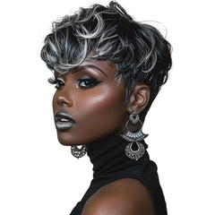 Black women's short elf wig with bangs, layered style, curly synthetic short hair wig, women's short curly wig