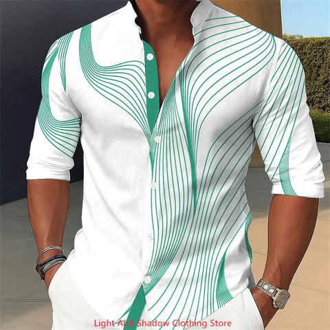 Men's gradient line shirt button up stand up collar shirt long sleeved casual outdoor vacation street daily 3D printed shirt