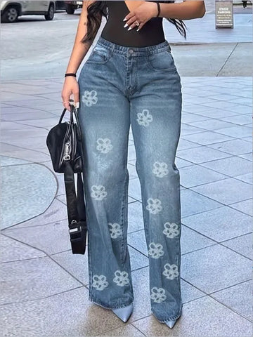 Women's Jeans 2025 Spring Autumn New Fashion Floral Print High Waist Pocket Jeans  Leg