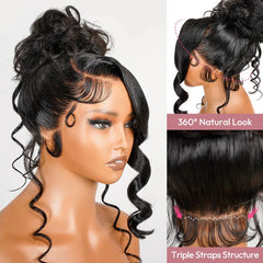 Hidden Strap Body Wave 360 HD Full Lace Front Wigs Human Hair Pre Plucked 12A Glueless Brazilian Virgin Wig With Drawstring