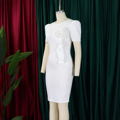 Casual Basic Women's Ruffled 3D Flower Short Sleeve Bodycon Mid Pencil Dress Elegant