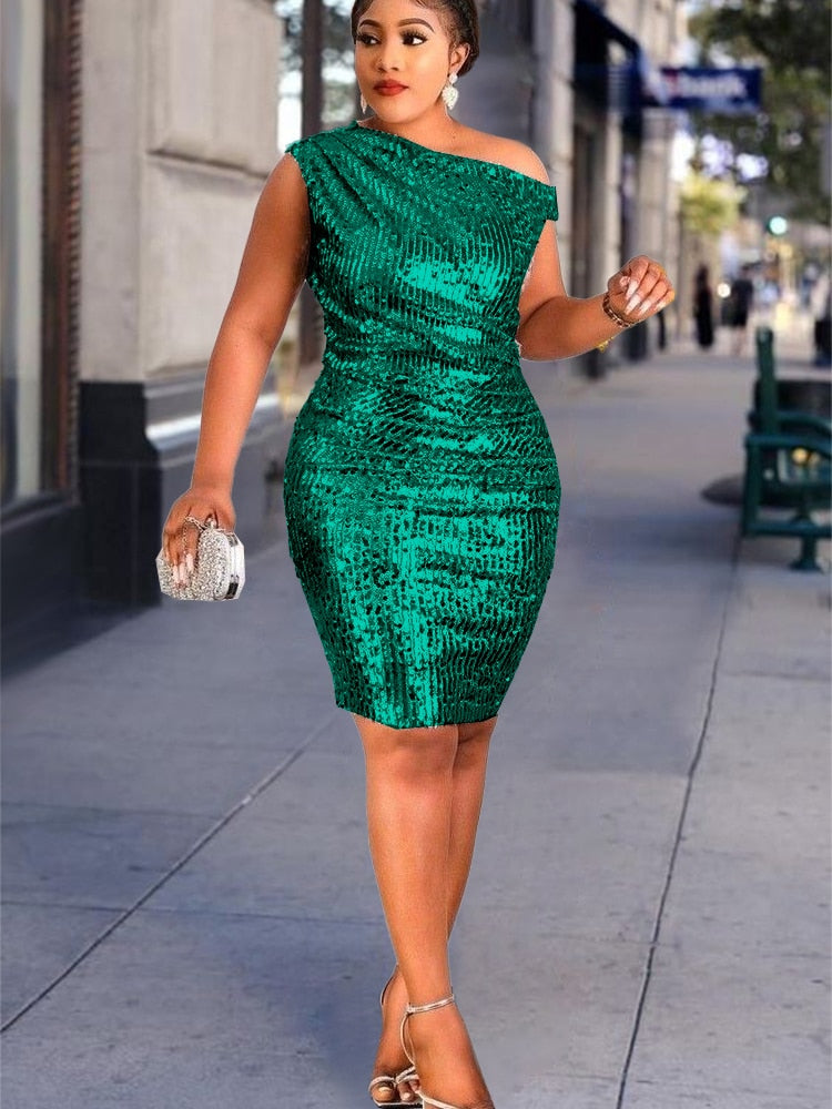 Sequins Dresses Knee Length Cold Shoulder Green Luxury Retro  Evening Cocktail Birthday Party