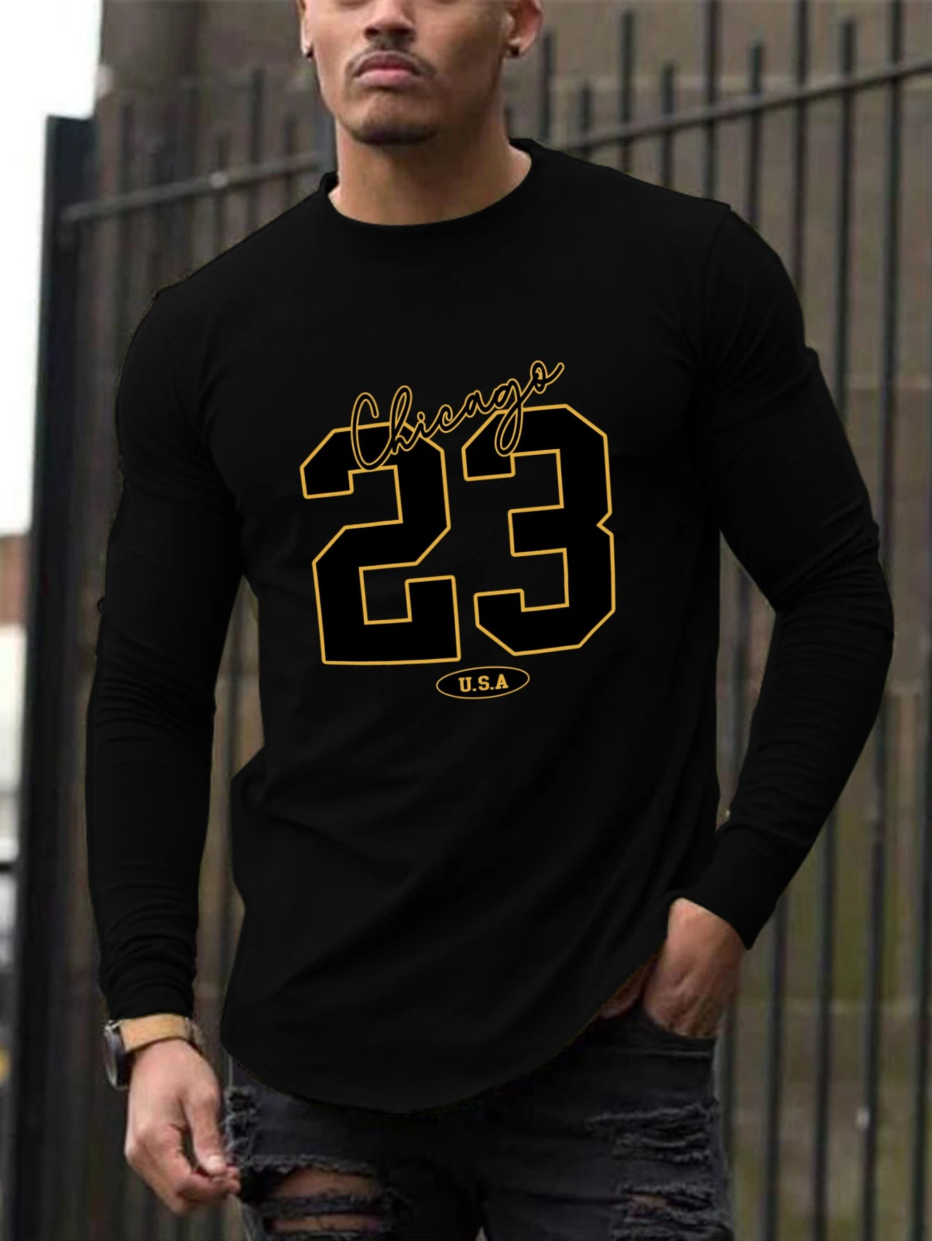 New long-sleeved T-shirt men's printed round neck long-sleeved T-shirt trend versatile casual tops men's clothing summer