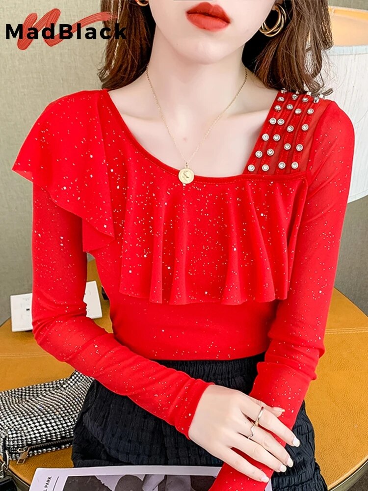 Summer 2022 Mesh T-Shirt Women Handmade Diamonds Ruffles Women Tops Tees Slim Sexy Oblique Collar Short Sleeve New T26201