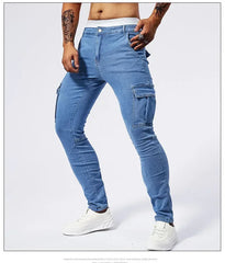 2025 New Men Street Elastic Denim Jeans Multi Pockets Cargo Pants Casual Slim Denim Trousers Fashion Y2k Joggers Baggy Man Pants