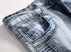 Trendy Brand Motorcycle Men's Jeans Unique Ripped Slim Fit Streetwear High Elasticity Smooth Slimming Effect Casual Denim