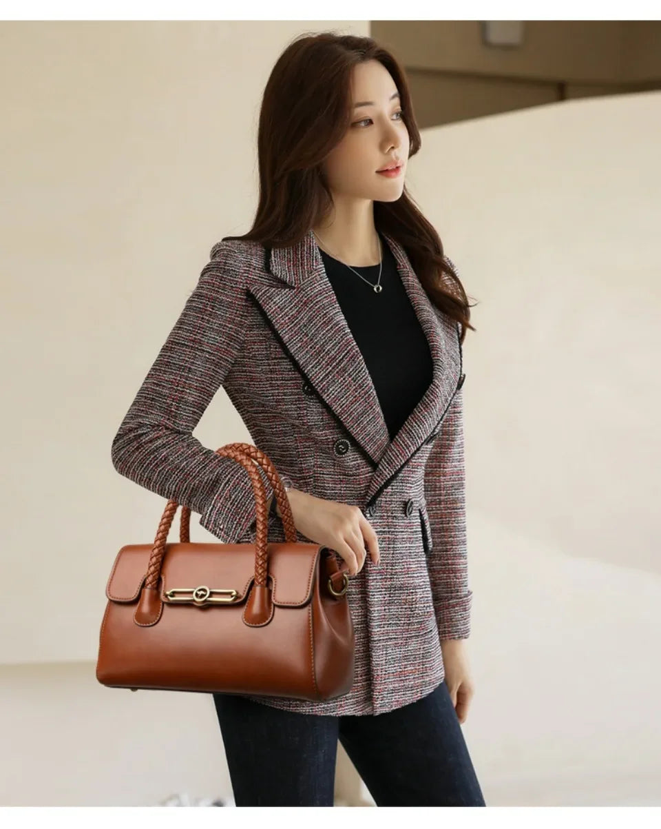 Retro High Quality Oil Leather Women Top-handle Shoulde Bags Vintage Casual Totes Trendy Lock Designer Handbag Small