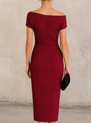Women's Off Shoulder Ruched Bodycon Midi Dress for Cocktail Party