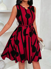 Mini Dress Spring Summer Women Red Black Brush Print Sleeveless Notch Neck Self Tie A-Line Casua dressl