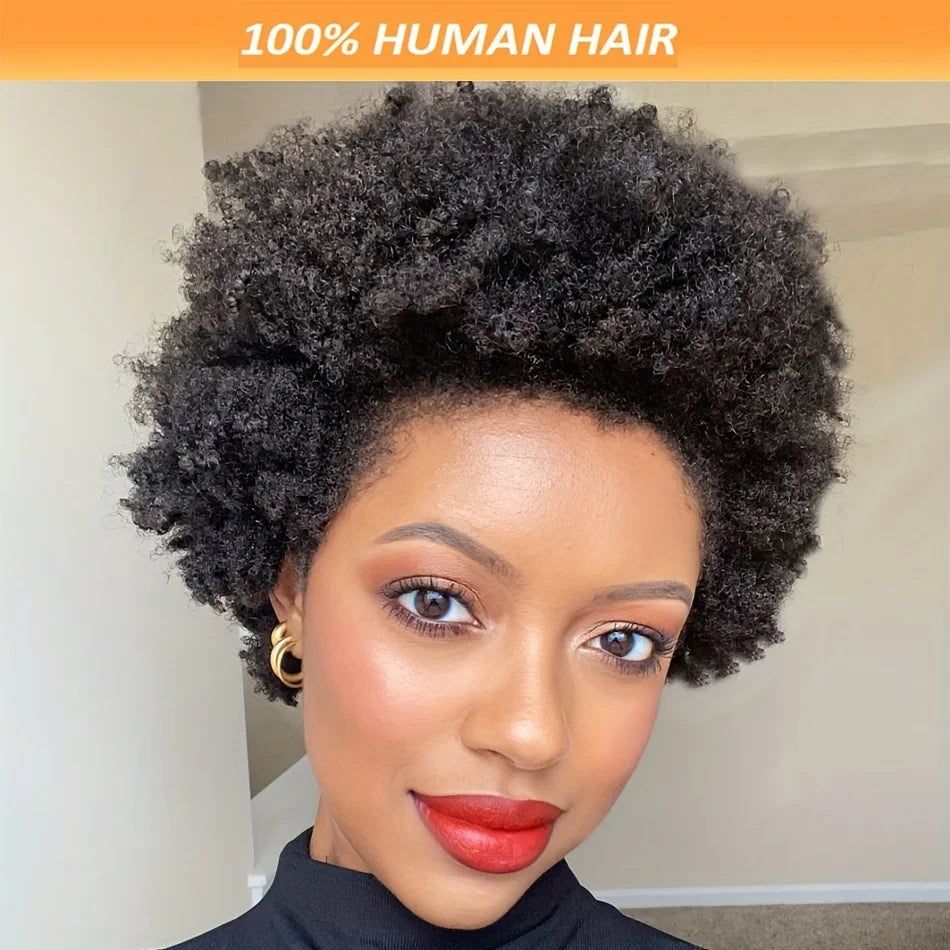 Afro Kinky Curly Human Hair Wigs 6/8 Inch Machine Made Wigs for Women - Fluffy Natural Looking Pixie Cut Wigs