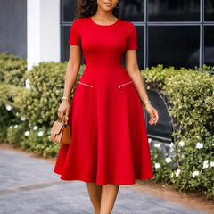 2026 Women's Elegant Simple Solid Color Dress Round Neck A-Line Shape Slimming Effect Waist-Slimming Full Dress
