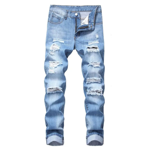 Men Ripped Distressed Destroyed Straight Slim Fit Jeans Skinny Casual Fashion Vintage Hole Straight Leg Denim Pants