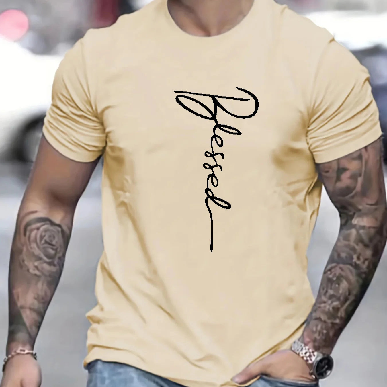Men's summer loose fit oversized Blessed printed slim fit casual sports round neck short sleeve