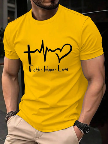 Men's Summer polyester Fashionable Casual Loose Large Size FAITH HOPE LOVE Sports Rd Neck Short Sleeve T-shirt Top