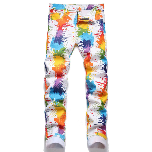 Men's White Jeans in Asian Sizes; Blue-Red-Green-Purple Printed Stretch Denim Pants; Stylish Slim-fit Trousers.