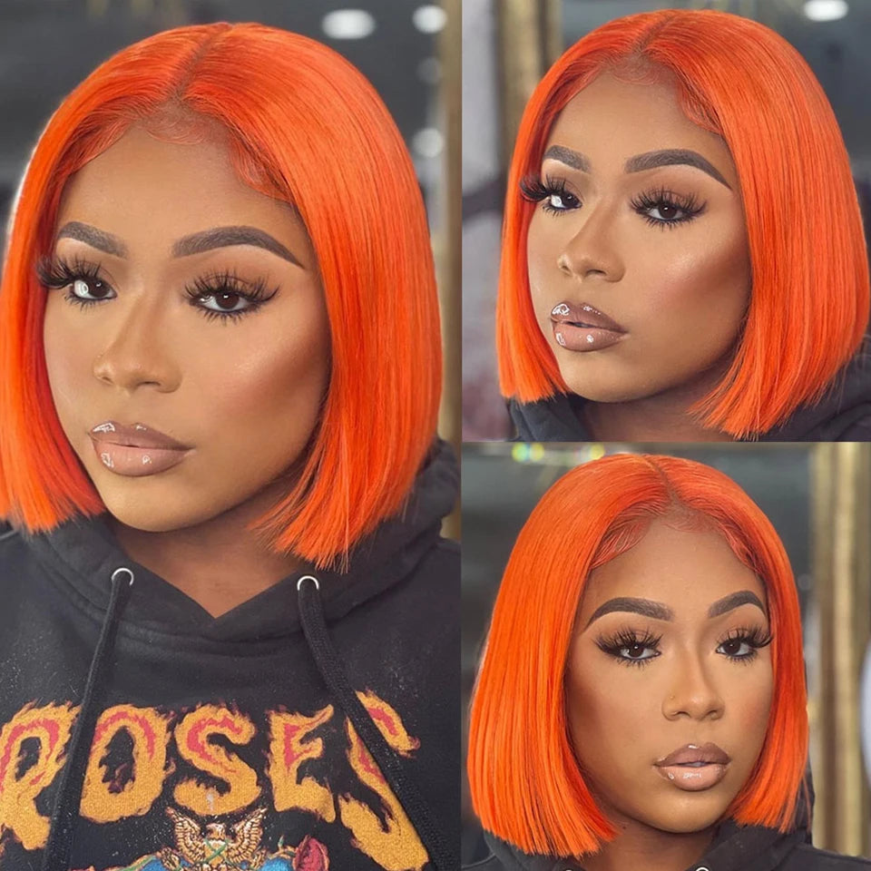 Ginger Orange Bone Straight Short Bob HD Transparent 13x4 Lace Front Human Hair Wig Brazilian 250% Colored Lace Frontal Bob Wigs