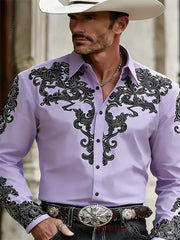 Men's Western Cowboy Style Fashion Print Long-Sleeve Shirt, Retro Lapel Slim Fit, Outdoor Casual Shirt, Sizes XS-6XL, 21 Colors