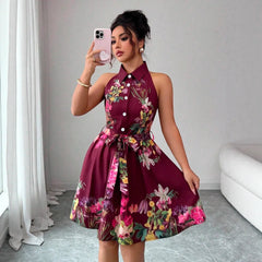 Tropical Print Halter Neck Dress, Vacation Style Backless Dress For Spring & Summer, Women Clothing Women Dress Summer Slimming