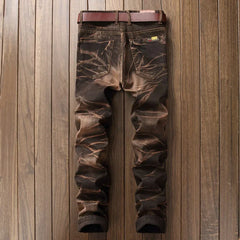 Jeans Men Vintage Distressed Pencil Pants Mid Waist Zipper Pockets Slim Ankle Length Trousers