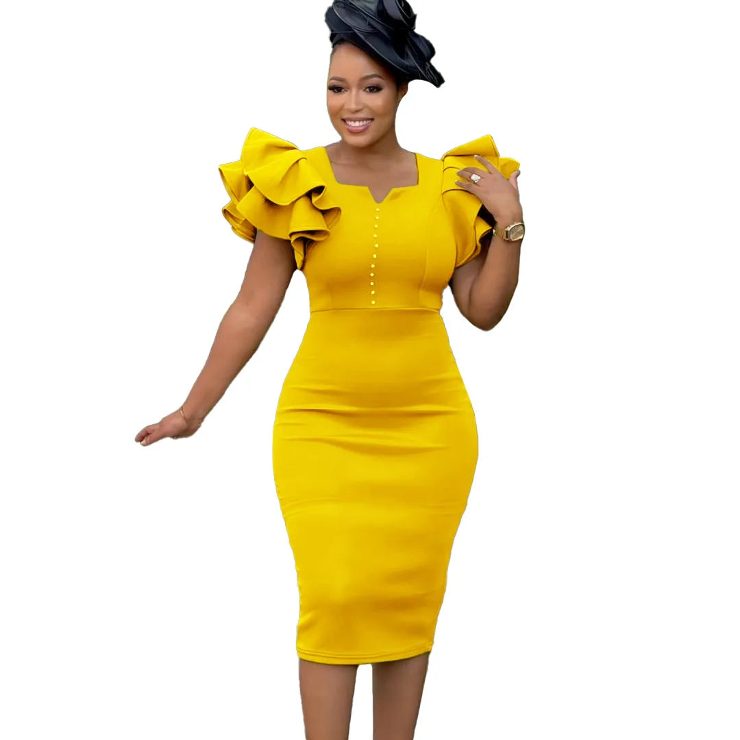 Summer Fashion Women's Nail-Beaded Lotus Sleeve Wrapped Hip Banquet Dress Cascading Style Elegant Evening Gown