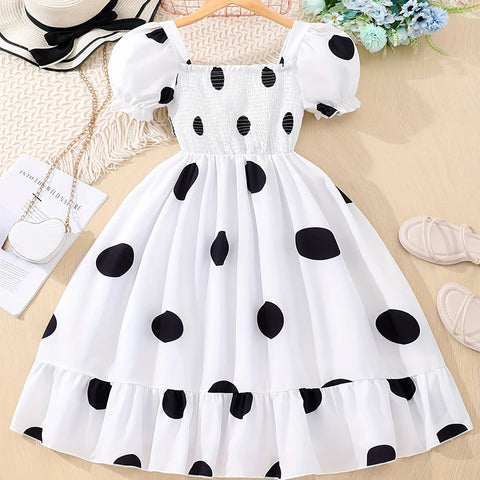 Summer Girls Cool And Breathable Cute Lantern Sleeves Off Shoulder Polka Dot Print Dress Princess Daily Casual Party Dress