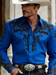 Men's Western Cowboy Style Fashion Print Long-Sleeve Shirt, Retro Lapel Slim Fit, Outdoor Casual Shirt, Sizes XS-6XL, 21 Colors