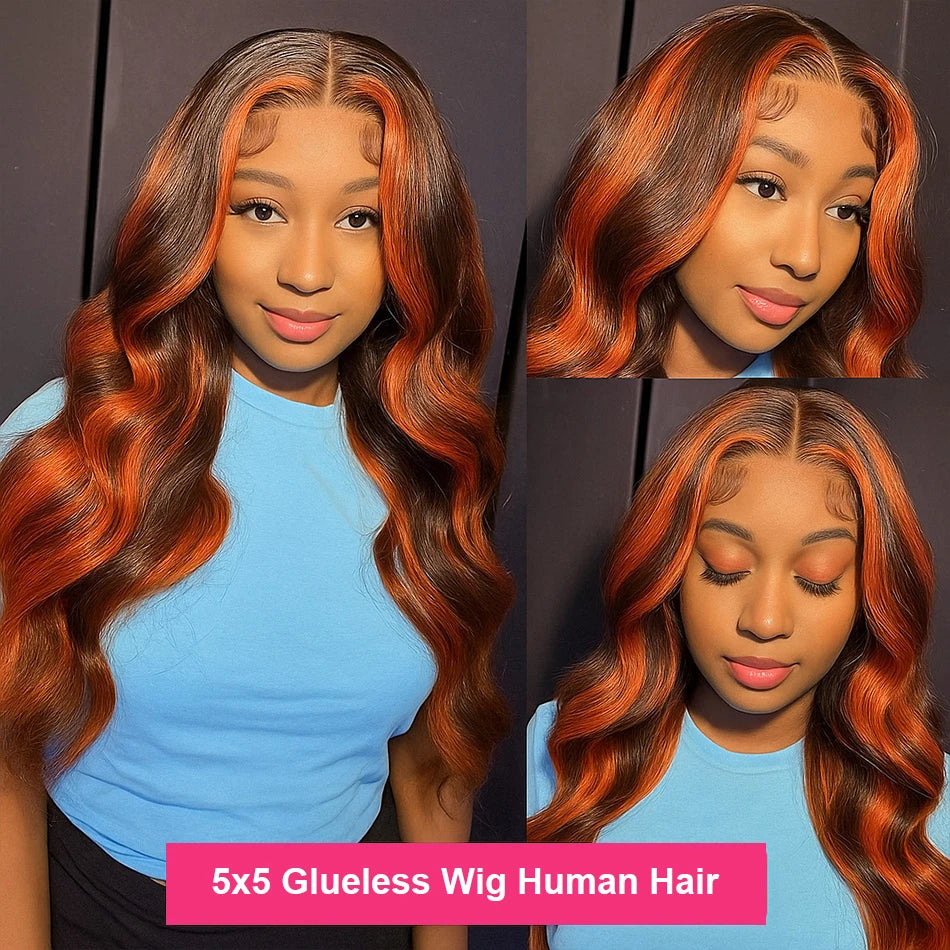 Ginger Highlight Brown Hair Body Wave 5x5 Lace Closure Glueless Wig Human Hair Balayage Ombre Ginger Colored Lace Frontal Wigs