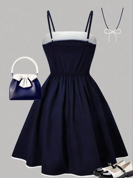 Girls' dress summer outfit; children's summer bow dress; girls' medium and large dress for parties, outdoors, trave