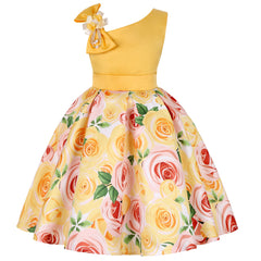 New diagonal shoulder children's dress rose print dress dress Girl party dress festival performance dress ins