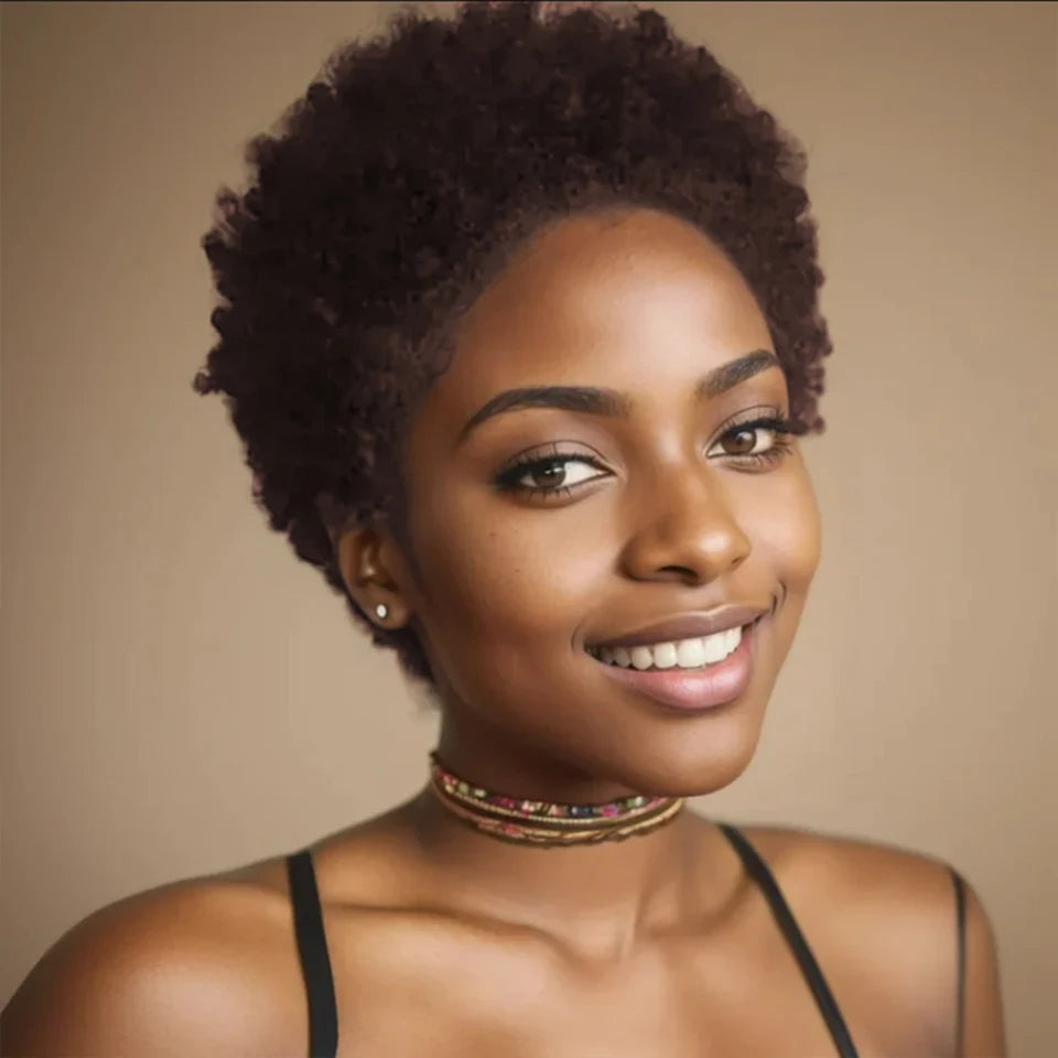 Afro Kinky Curly Human Hair Wigs 6/8 Inch Machine Made Wigs for Women - Fluffy Natural Looking Pixie Cut Wigs