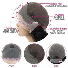 Short Curly Water Wave Human  Bob Wigs Transpare Lace F