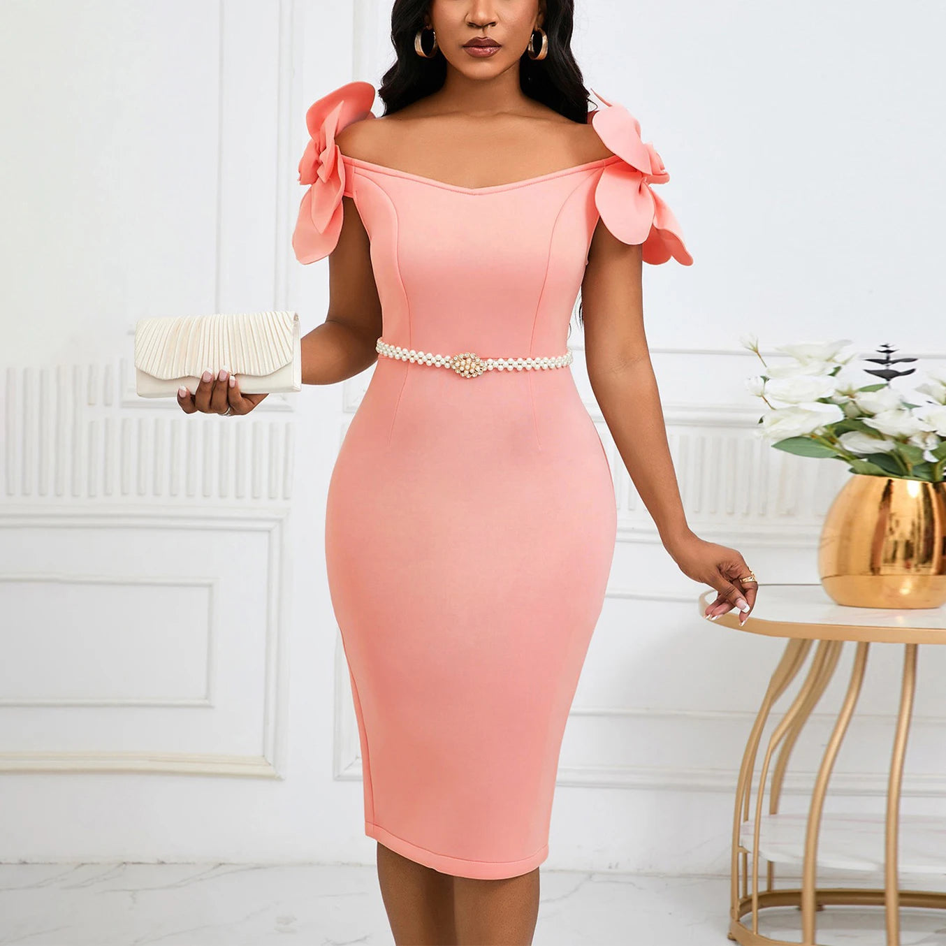 Sexy Bodycon Dresses for Women Slash Neck Petal Sleeve Belt Waisted Sheath Package Hips Mid Calf Professional Work Dress Midi OL