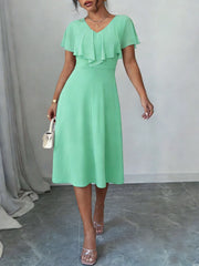 Midi Dress Spring Summer Women Mint Green V Neck Ruffle Sleeve Flared Elegant Chic Date Party Office Daily Dress