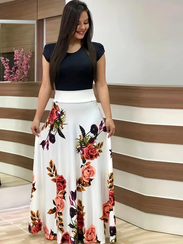 Retro Elegant Commuter Style Polka Dot High Waist  Flower Print Color Matching Short Sleeved Dress