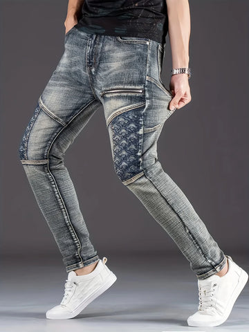 Nostalgic Trendy Motorcycle Men's Jeans Slim Fashion Patchwork Washed Denim