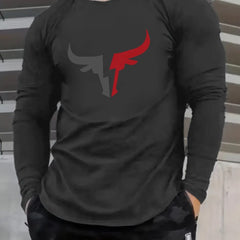 Men's 100% pure cotton loose fit plus size comfortable casual sports bull pattern printed round neck long sleeved T-shirt top