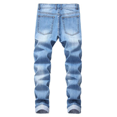 American Fashion Street Style Ripped Skinny Jeans  Street Riding Stretch Slim Fit Straight Pants Patchwork  Denim Trousers Male
