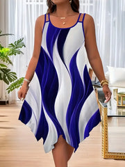 Plus-size women's fashion asymmetrical geometric stripes printed double strap dress