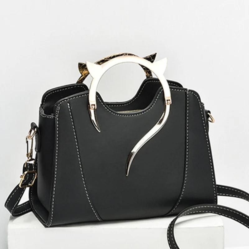 Cat Shaped Handle Women Handbag Trendy And Fashionable, Solid Color, Simple And Casual Crossbody Shoulder Shell Bag