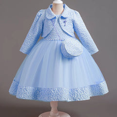 Spring Flower Girl Elegant Dresses for Wedding Girls’ Formal Dress with Bag 3 PC Set Long Sleeve