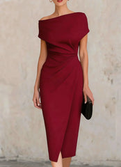 2026 Summer Women's New One-shoulder Waist Pleated Dress Banquet Commuting Slit Dress