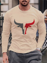 Men's 100% pure cotton loose fit plus size comfortable casual sports bull pattern printed round neck long sleeved T-shirt top