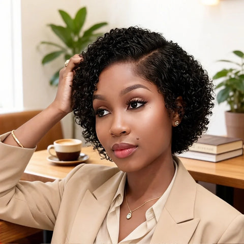 Elegant Curly Wave Pixie Cut 13x4x1 Lace Front Preplucked Remy Human Hair Wig for Women