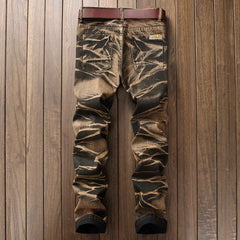 Jeans Men Vintage Distressed Pencil Pants Mid Waist Zipper Pockets Slim Ankle Length Trousers