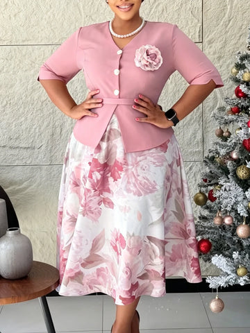 Women's Summer Fashion Patchwork Dress 2026 Printed Five-Quarter Sleeve Fake Two-Piece Temperament Gown for Ladies