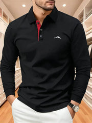 Men's Autumn Collared Polo Shirt Solid-Color Long-Sleeve Polo with Minimalist Chest Print Suitable for Business Casual and Golf