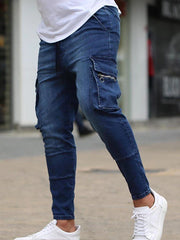 New Men's Slim Fit Stretch Jeans Casual Fashion Multi Pocket Cargo Denim Pants High  Jeans Work Hip Hop