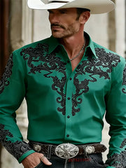 Men's Western Cowboy Style Fashion Print Long-Sleeve Shirt, Retro Lapel Slim Fit, Outdoor Casual Shirt, Sizes XS-6XL, 21 Colors